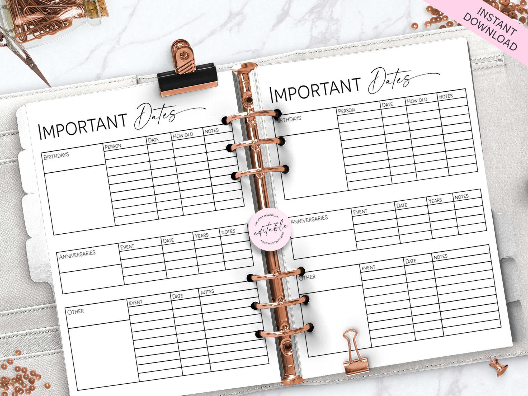 Important Dates Page, Dates to Remember Planner Insert, Happy Planner ...