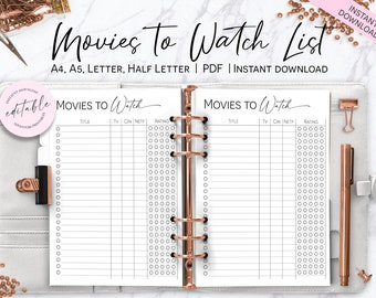 Movies To Watch List Printable Planner, Movies Tracker, Movie Planner