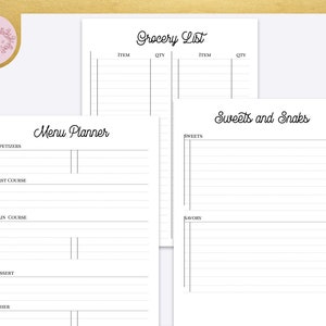 May include: A printable planner with sections for a grocery list, menu planning, and sweets and snacks. The planner has a simple design with black lines and text.