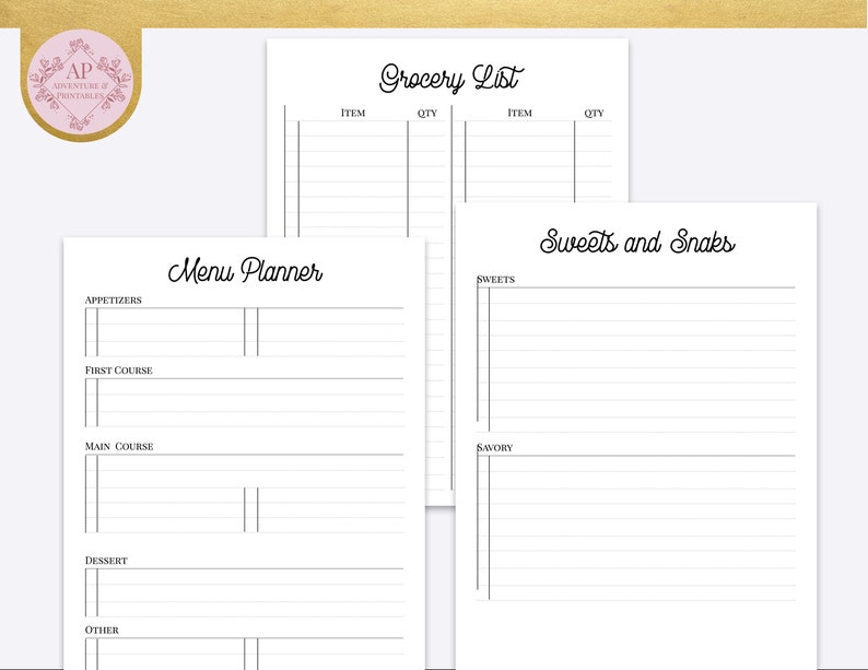 May include: A printable planner with sections for a grocery list, menu planning, and sweets and snacks. The planner has a simple design with black lines and text.