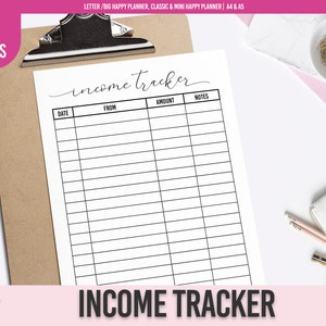 May include: A printable income tracker sheet with columns for date, from, amount, and notes. The sheet is on a clipboard with a brown background.