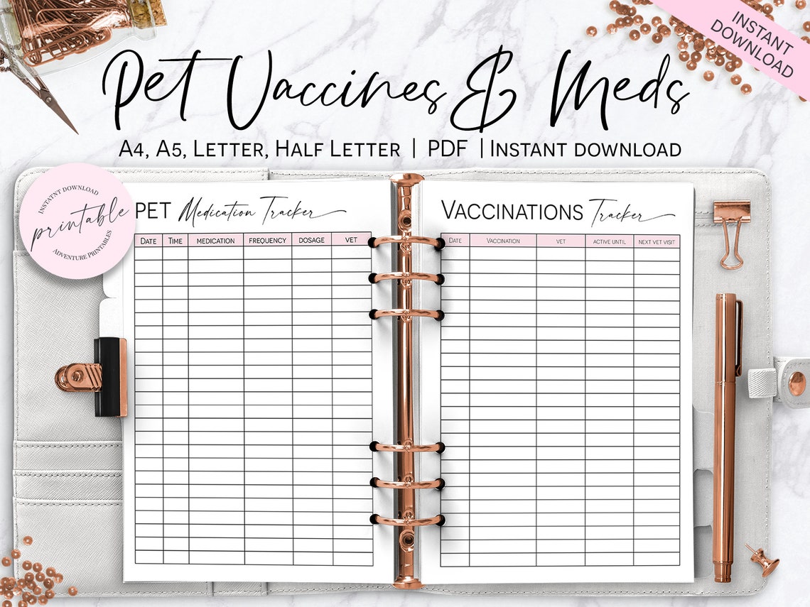 Pet Medications Tracker, Pet Medications Log, Pet Planner, Printable