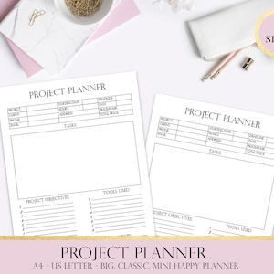 Könnte beinhalten: Eine schwarz-weiße druckbare Projektplaner-Vorlage mit dem Text "Project Planner" oben. Die Vorlage enthält Abschnitte für Projektdetails, Startdatum, Deadline, Stunden, Adresse, Aufgaben, Projektziele und verwendete Tools.