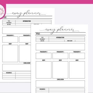 Op de afbeelding: Twee zwart-witte printbare essayplanner-sjablonen met secties voor titel, inleiding, hoofdstukken, conclusie en bronnen.