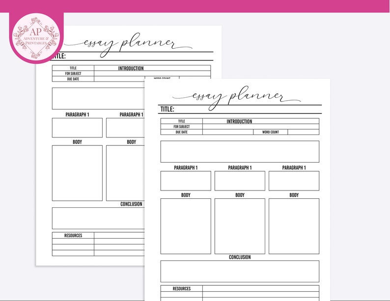 Op de afbeelding: Twee zwart-witte printbare essayplanner-sjablonen met secties voor titel, inleiding, hoofdstukken, conclusie en bronnen.