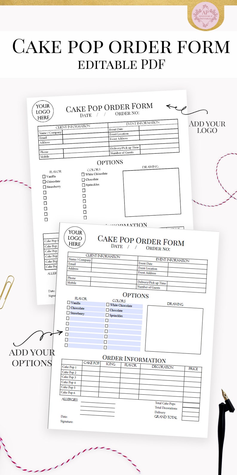 Custom Cake Pop Order Form Bakery Forms Cake Pop Order Form Etsy