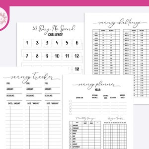 May include: Printable budget planner pages with a 30-day no-spend challenge, a savings tracker, a savings challenge, and a savings planner. The pages are black and white and have a minimalist design.