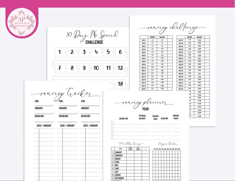 May include: Printable budget planner pages with a 30-day no-spend challenge, a savings tracker, a savings challenge, and a savings planner. The pages are black and white and have a minimalist design.