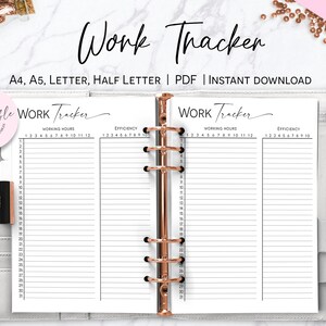 Peut inclure: Un planificateur de suivi du travail imprimable avec deux colonnes intitulées "Heures de travail" et "Efficacité". Le planificateur est conçu pour les formats A4, A5, Lettre et Demi-Lettre et est disponible en téléchargement PDF instantané.