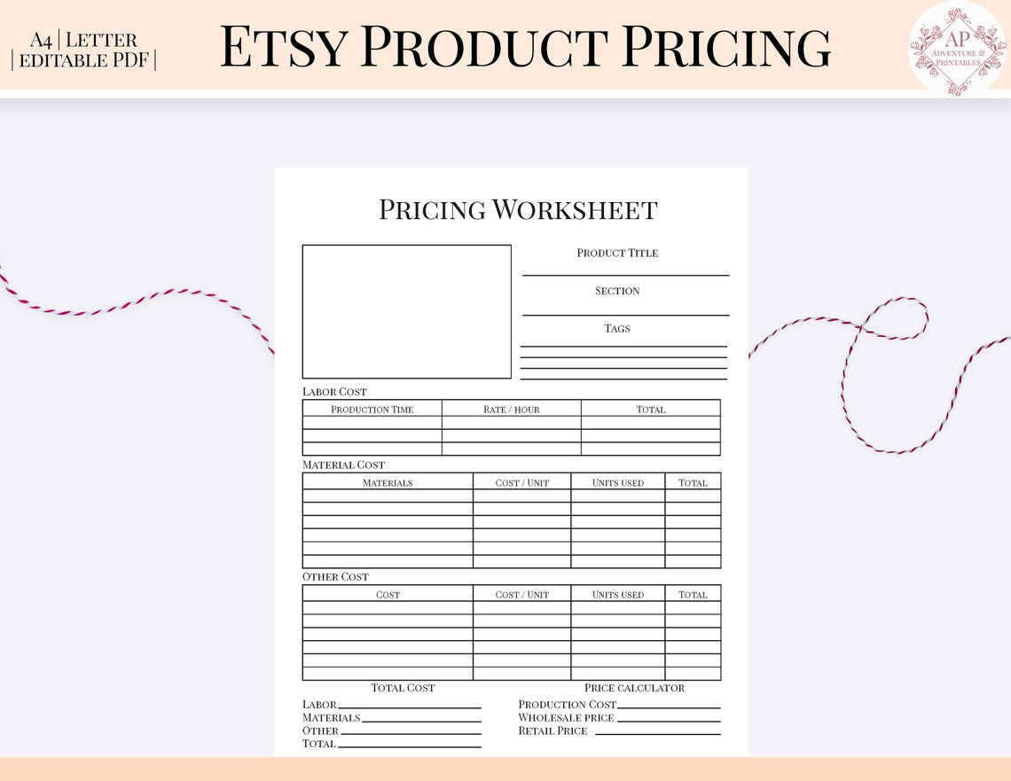 Etsy Product Pricing Worksheet Etsy Business Planner Etsy Etsy