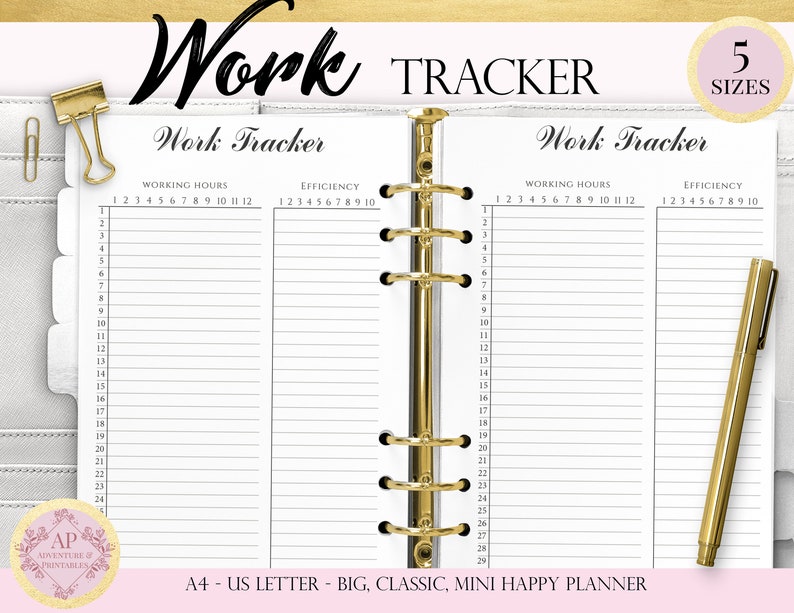work tracker planner insert printable working hours tracker work efficiency tracker happy planner insert work hours tracker