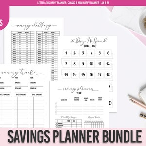 May include: A printable savings planner bundle with four different pages: a savings challenge, a savings tracker, a 30-day no spend challenge, and a savings planner. The pages are all white with black text and lines.
