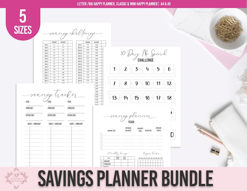 May include: A printable savings planner bundle with four different pages: a savings challenge, a savings tracker, a 30-day no spend challenge, and a savings planner. The pages are all white with black text and lines.