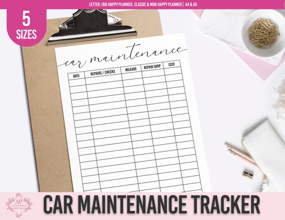 Car Maintenance Log, Vehicle Maintenance Tracker, Car Repairs Tracker, Printable Planner Insert