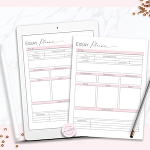 May include: Two printable essay planner templates with pink accents. Each template has sections for title, introduction, body paragraphs, conclusion, and resources.
