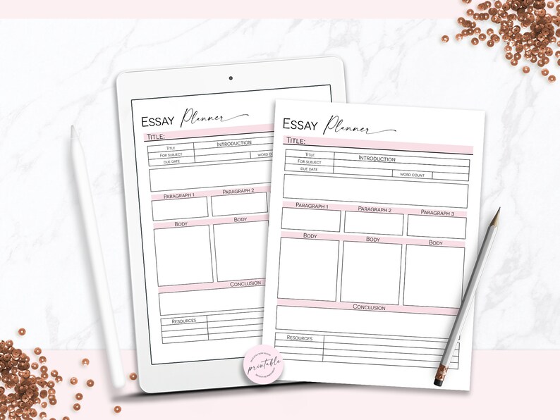May include: Two printable essay planner templates with pink accents. Each template has sections for title, introduction, body paragraphs, conclusion, and resources.