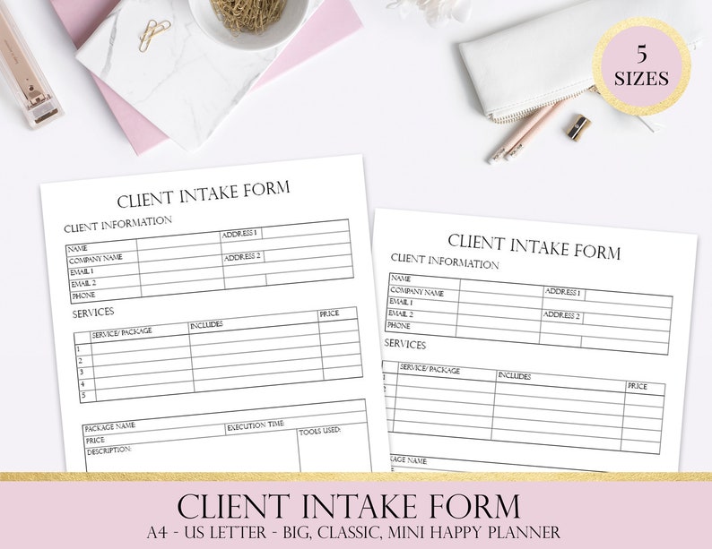 May include: A black and white printable client intake form with sections for client information, services, and package details. The form is titled "Client Intake Form" and includes the text "A4 - US Letter - Big, Classic, Mini Happy Planner".
