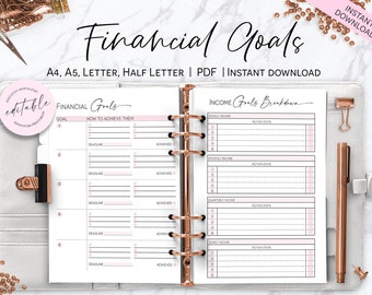Financial Goals Planner, Yearly Finance Planner, Financial Goals Printable Planner Insert