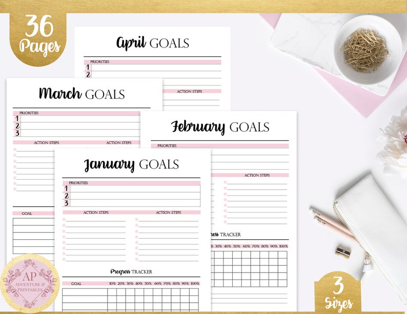 May include: A printable goal planner with 36 pages, featuring a pink and black design. The planner includes sections for January, February, March, and April goals, with space for priorities, action steps, and progress tracking.