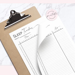 May include: A printable sleep tracker with a monthly sleep log and a nap log. The tracker has a simple design with black lines and text on white paper.