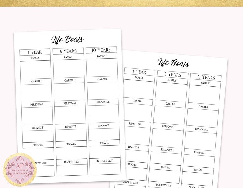 May include: Printable life goals planner with sections for family, career, personal, finance, travel, and bucket list goals. The planner is divided into three sections: 1 year, 5 years, and 10 years.