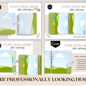 K&ouml;nnte beinhalten: Vier verschiedene Designs f&uuml;r einen anpassbaren Planer mit einem blauen und gr&uuml;nen Landschaftshintergrund. Der Text "TYPE TITLE HERE" und "Add a subheading" wird auf jedem Design angezeigt. Der Text "Fully customizable" wird auf einem Design mit einer Liste von Funktionen angezeigt: "Add your images", "Drag and drop", "Add background", "Change the text", "Rearrange elements", "Resize & more".
