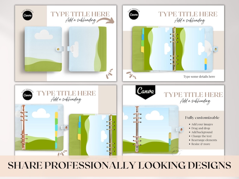 K&ouml;nnte beinhalten: Vier verschiedene Designs f&uuml;r einen anpassbaren Planer mit einem blauen und gr&uuml;nen Landschaftshintergrund. Der Text "TYPE TITLE HERE" und "Add a subheading" wird auf jedem Design angezeigt. Der Text "Fully customizable" wird auf einem Design mit einer Liste von Funktionen angezeigt: "Add your images", "Drag and drop", "Add background", "Change the text", "Rearrange elements", "Resize & more".