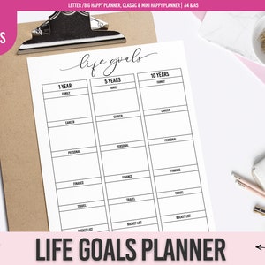 May include: A printable life goals planner with sections for 1 year, 5 years, and 10 years. Each section has categories for family, career, personal, finance, travel, and a bucket list.