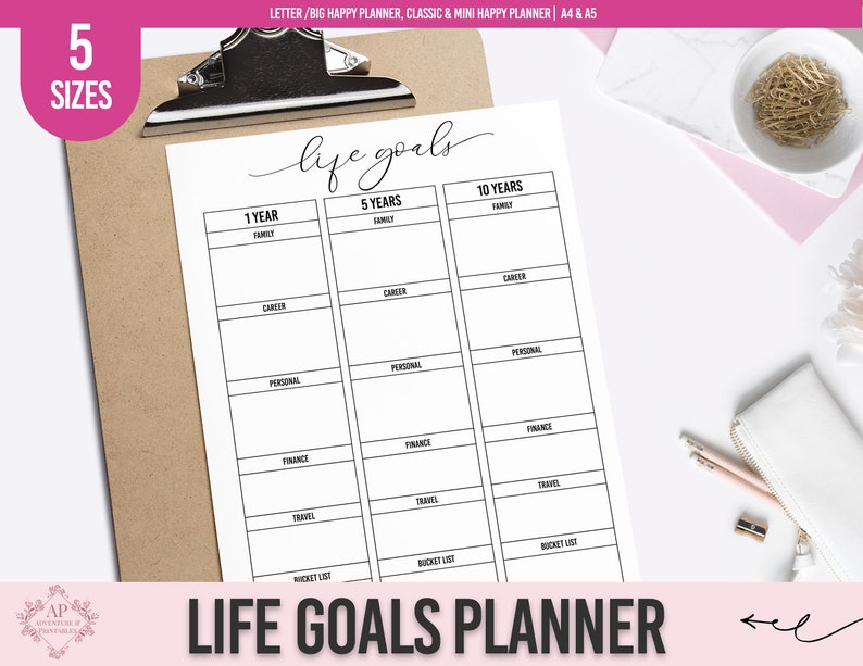 May include: A printable life goals planner with sections for 1 year, 5 years, and 10 years. Each section has categories for family, career, personal, finance, travel, and a bucket list.