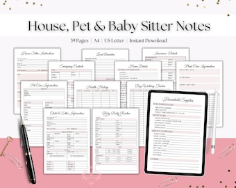 Baby Sitter Notes, Pet Sitter Notes, House Sitter Notes, Sitter Instructions Kit