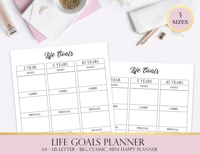 May include: A printable life goals planner with sections for family, career, personal, and finance goals. The planner is divided into three timeframes: 1 year, 5 years, and 10 years. The text "Life Goals Planner" is printed at the bottom of the page. The planner is available in five sizes: A4, US Letter, Big, Classic, and Mini Happy Planner.