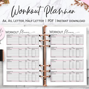 May include: Printable workout planner in PDF format. The planner has a pink and white color scheme and includes sections for workout type, distance, time, heart rate, and recovery. The planner is available in A4, A5, Letter, and Half Letter sizes.