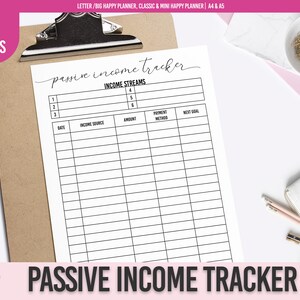 May include: A printable passive income tracker worksheet with a black and white design. The worksheet has columns for date, income source, amount, payment method, and next goal. The text "passive income tracker" is written in cursive at the top of the page.