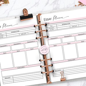 May include: A printable essay planner with sections for title, introduction, paragraphs, conclusion, and resources. The planner has a pink and white color scheme.