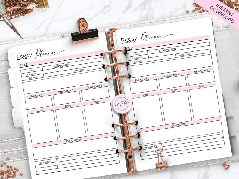 May include: A printable essay planner with sections for title, introduction, paragraphs, conclusion, and resources. The planner has a pink and white color scheme.