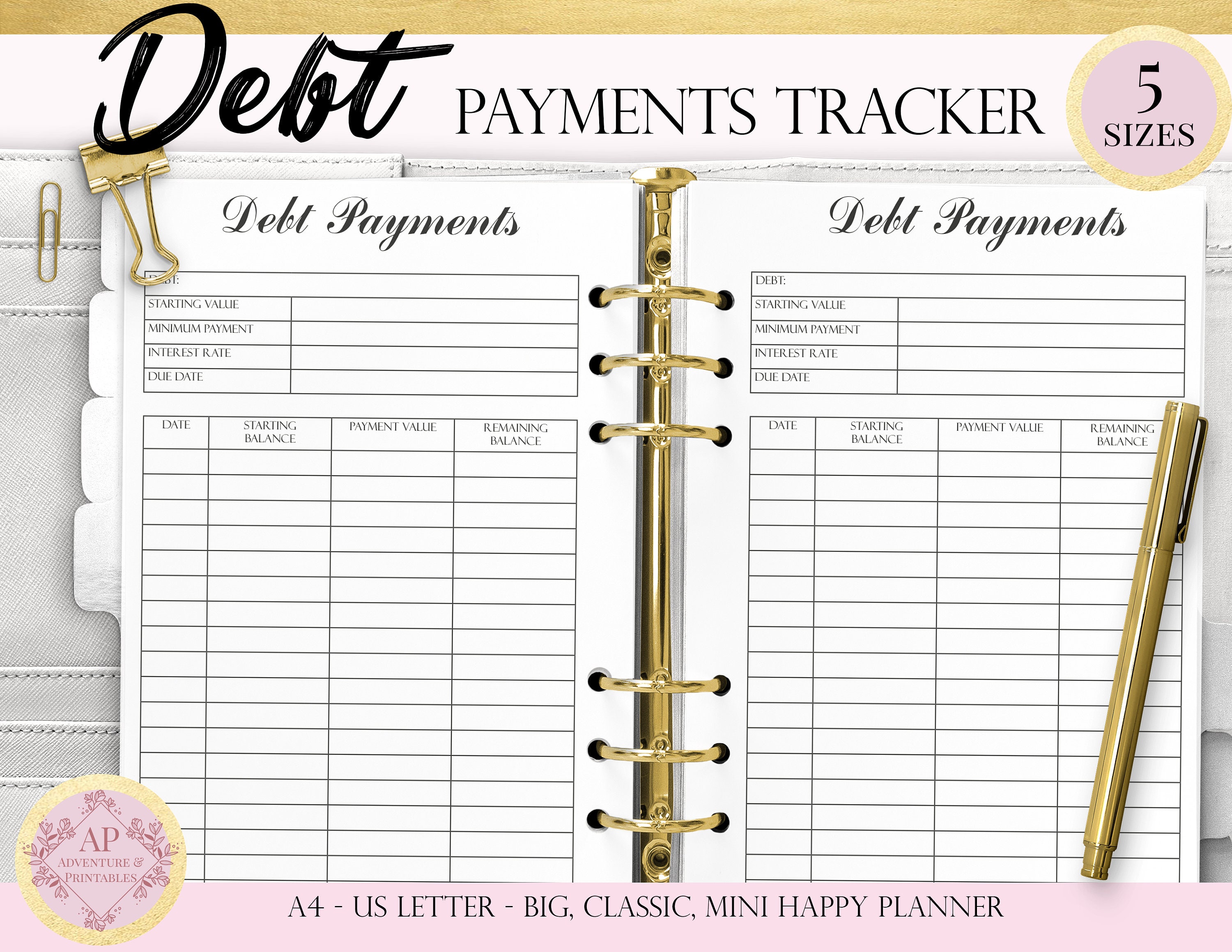 Debt Payments Tracker Monthly Debt Payments Credit Card Etsy
