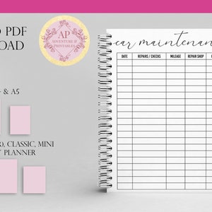 May include: Printable car maintenance log with columns for date, repairs, checks, mileage, repair shop, and cost. The log is designed for A4 and A5 sizes, as well as big, letter, classic, and mini happy planner sizes.