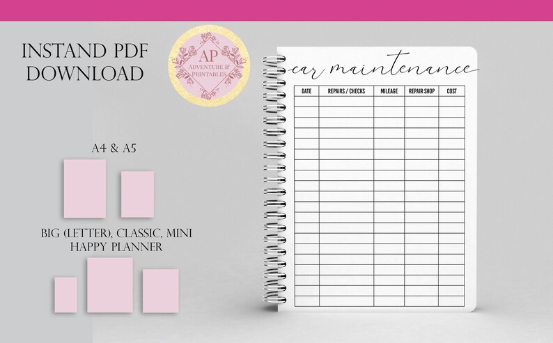 May include: Printable car maintenance log with columns for date, repairs, checks, mileage, repair shop, and cost. The log is designed for A4 and A5 sizes, as well as big, letter, classic, and mini happy planner sizes.