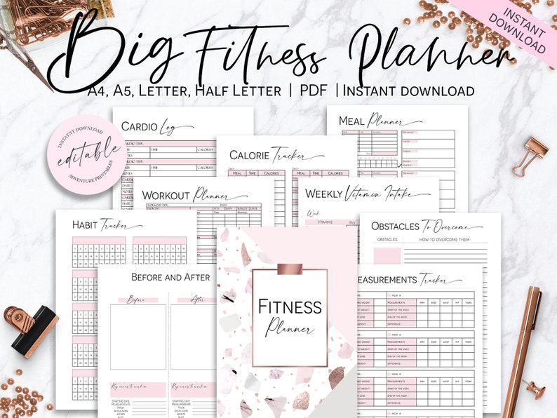 Fitnessplanerare, daglig måltidsplanerare, träningsplanerare, kalorispårare - klassisk Happy Planner utskrivbar bilaga, Mambi, Create365 bild 1