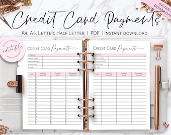 Credit Card Payments Tracker, Debt Payments Tracker, Credit Card Payoff Tracker, Finance Planner