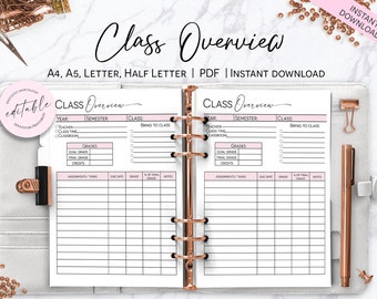 Class Overview Planner, Semester Class Overview, Collage Classes List