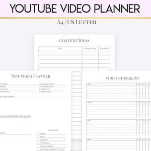 May include: A printable YouTube video planner with sections for content ideas, new video planning, and a video checklist. The planner includes fields for video title, category, description, planned date, published on, duration, monetized, affiliate links, projected income, expenses, and a checklist for film, edit, backup, thumbnail, upload video, and add description and title.