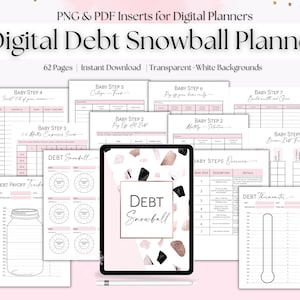 Inserción del planificador digital de la bola de nieve de la deuda, páginas del planificador digital del rastreador de progreso de los pasos del bebé, planificador de pago de la deuda