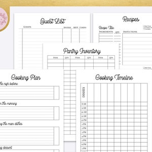 May include: Printable planner pages for planning a dinner party. The pages include a guest list, recipe list, pantry inventory, cooking plan, and cooking timeline.
