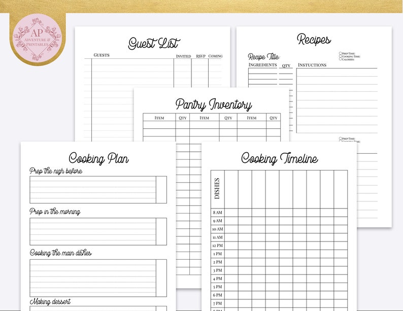 May include: Printable planner pages for planning a dinner party. The pages include a guest list, recipe list, pantry inventory, cooking plan, and cooking timeline.