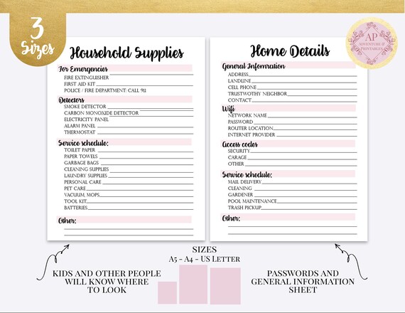 Household Details Information Sheet Home Information Sheets Household Supplies List Household Binder