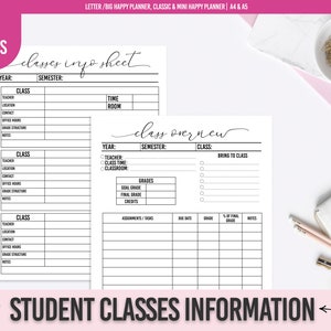 Könnte beinhalten: Druckbarer Stundenplan für Studenten mit Abschnitten für Kursname, Lehrer, Ort, Kontakt, Bürozeiten, Notenstruktur, Zeit, Raum und Notizen. Der Planer enthält auch einen Abschnitt mit einer Kursübersicht mit Platz für Lehrer, Kurszeit, Klassenzimmer, Noten, Aufgaben, Fälligkeitstermine, Note, Prozentsatz der Endnote und Notizen.