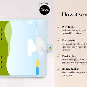 K&ouml;nnte beinhalten: Eine blaue und gr&uuml;ne druckbare Planer-Vorlage mit einem Wolken- und Wellen-Design. Die Vorlage ist einfach in Canva zu bearbeiten und enth&auml;lt Anweisungen zum Kauf, Herunterladen, Anpassen und Verwenden der Vorlage.