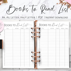 May include: Printable book list template in black and white with the text "Books to Read List" at the top. The template has columns for title, author, pages, notes, and read.