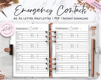 Emergency Contacts List, Printable Emergency Contacts List, Printable Planner Insert